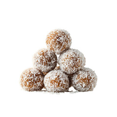 Stacked pyramid of delicious healthy raw energy balls covered in coconut flakes