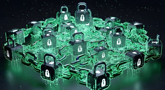 Blockchain network with padlocks a secure digital ledger technology for cryptocurrency and data prot