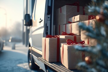 Christmas courier loading festive packages into van, professional delivery scene with empty space for text