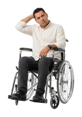 Pensive Man in Wheelchair on White Background