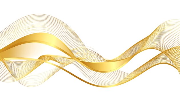 An elegant, abstract design features flowing, golden waves against a crisp white background. The undulating lines create a sense of movement