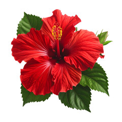 Vivid red flower with prominent stamens, surrounded by lush green leaves against black