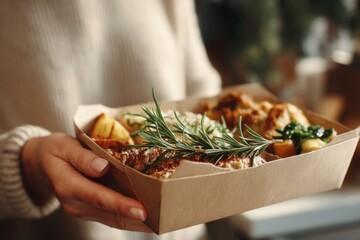 Minimalist Christmas catering box with festive meal and rosemary, natural light, clean holiday food service composition