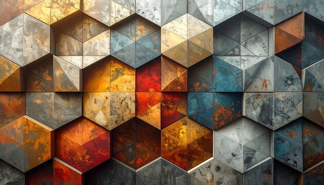 Abstract image of a geometric wall composed of textured, hexagonal tiles. The tiles exhibit various colors and metallic rust effects