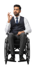 Confident Businessman in Wheelchair Giving OK Sign on White Background