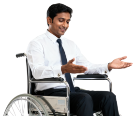Friendly Businessman in Wheelchair Explaining on White Background