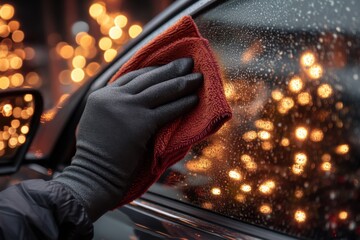 Christmas car wash service concept with gloved hands cleaning car mirror, festive lights reflection, professional holiday auto detailing image