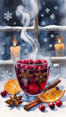 A steaming glass of fragrant mulled wine with cranberries, orange slices, and spices sits on a snowy windowsill