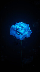 Blue rose with velvety petals against a dark background. Rose is illuminated, highlighting its unique color