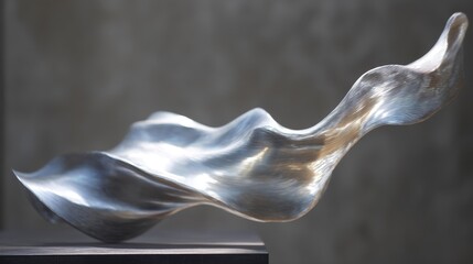 Close-up of a sculpture on a black pedestal. the sculpture is made of a shiny, metallic material and appears to be a wave-like shape. the wave is curved and has a smooth, polished finish.