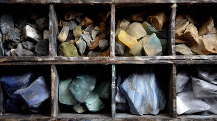 Close-up of a wooden box with six compartments. the compartments are arranged in a grid-like pattern, with each compartment containing a different type of rock or stone.