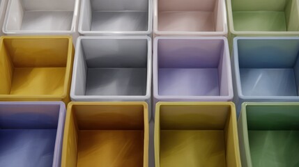 Collection of colorful plastic storage bins arranged in a grid-like pattern. there are 12 bins in total, each with a different color - yellow, blue, green, pink, purple, and white.