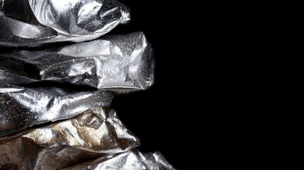 Close-up of a stack of crumpled silver foil. the foil appears to be shiny and shiny, with a metallic sheen.