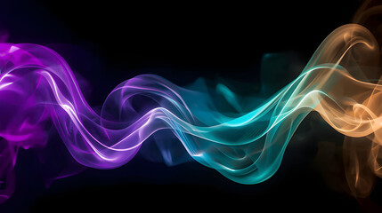 Abstract swirling waves of vibrant purple, teal, and gold light dance dynamically on a dark background, creating energy.