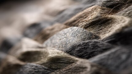 Close-up of a pile of fur. the fur appears to be soft and fluffy, with a mix of different shades of brown, black, and gray.