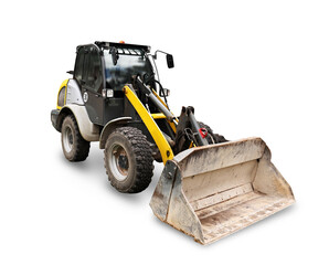 A compact tractor with a front loader, isolated on a white background. The tractor features large...