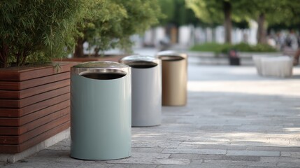 Three trash cans of different colors - one is light blue, one is beige, and one is brown. they are placed on a tiled pavement in a park-like setting with trees and benches in the background.