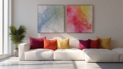 Modern living room with a large white sofa in the center. the sofa is covered with colorful throw pillows in shades of pink, orange, yellow, and red.