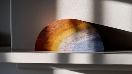Close-up of a wooden sculpture on a white shelf. the sculpture is in the shape of a curved arch, with the top half being orange, the middle half being yellow, and the bottom half being blue.