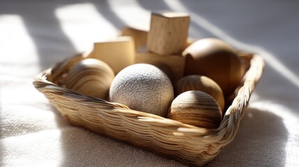 Small woven basket filled with various objects. the basket is placed on a white surface with a shadow cast on it.