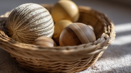 Woven basket filled with various objects. the basket is made of light-colored wood and has a woven texture. on the left side of the basket, there is a ball of yarn with a striped pattern.
