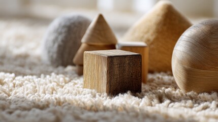 Group of wooden objects on a white carpet. there are four objects in total, three of which are triangular and one is a ball.