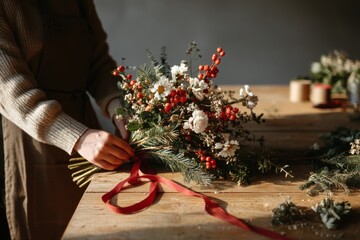 Florist arranging winter bouquet with pine, berries, and white flowers on wooden table, minimalist studio scene with warm light and neutral background, artisan Christmas floral styling