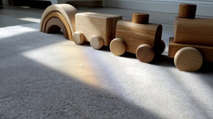 Three wooden toy trains on a white carpeted floor. the trains are made of light-colored wood and have a smooth finish.