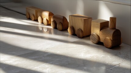 Row of six wooden toy cars arranged in a line on a white tiled floor. the cars are made of light-colored wood and have a smooth finish.