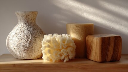 Wooden shelf with three objects on it. on the left side of the shelf, there is a white vase with a textured surface. next to it, there are two wooden stools made of light-colored wood.