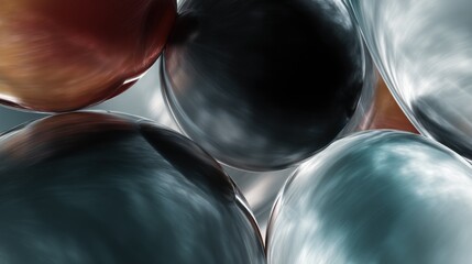 Close-up of a group of spheres. the spheres are of different sizes and colors, with some being red, orange, black, and silver.