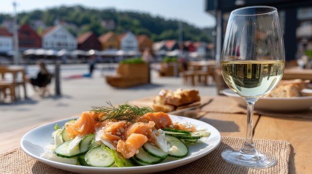 A refreshing salad topped with salmon and cherry tomatoes sits next to a glass of white wine on a wooden table by the sea - Powered by Adobe