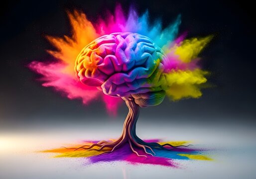 Colorful brain explosion a vibrant representation of creativity, imagination, and mental power on dark background
