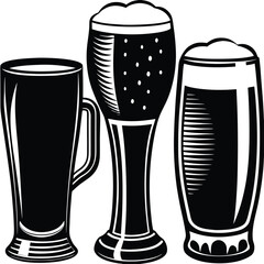 Three Beer Glasses Black and White Vector Icon Set.