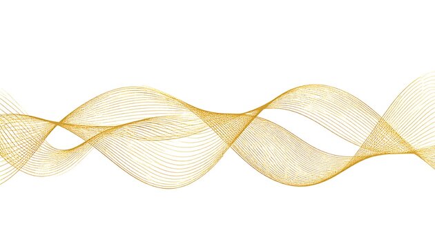 An elegant, abstract design with intertwining golden lines on a stark white background, creating a sense of flow and movement. The flowing form suggests a gentle wave