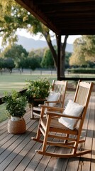 Fototapeta premium Wooden rocking chairs sit on a porch, providing a perfect view of rolling hills and trees as the sun sets in the background