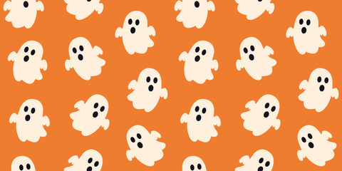 Fototapeta premium Seamless Halloween pattern with cute white ghosts on an orange background. Fun spooky design for wrapping paper, card, banner, textile, print packaging, wallpaper, fabric, holiday decor. Flat vector.