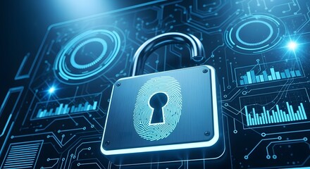 Cybersecurity concept with fingerprint lock on digital circuit board for secure access and data protection technology