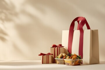 Elegant Holiday Food Catering Bag with Festive Meal Containers – Minimalist Christmas and New Year Food Delivery Concept