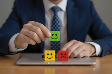Businessman holding a green block with a smiling face above other blocks on a laptop