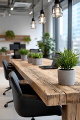 Fototapeta premium Modern office meeting space with wooden table and plants during daytime