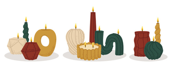 Set of decorative candles in various shapes. For home decor, cozy interiors, and retail design.