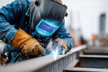 Skilled welder using electric torch to join steel beams at construction site on a cloudy day