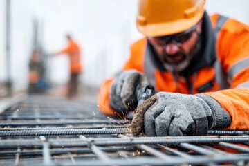 Construction worker using grinding tool on rebar at a construction site during the day while colleagues work in the background
