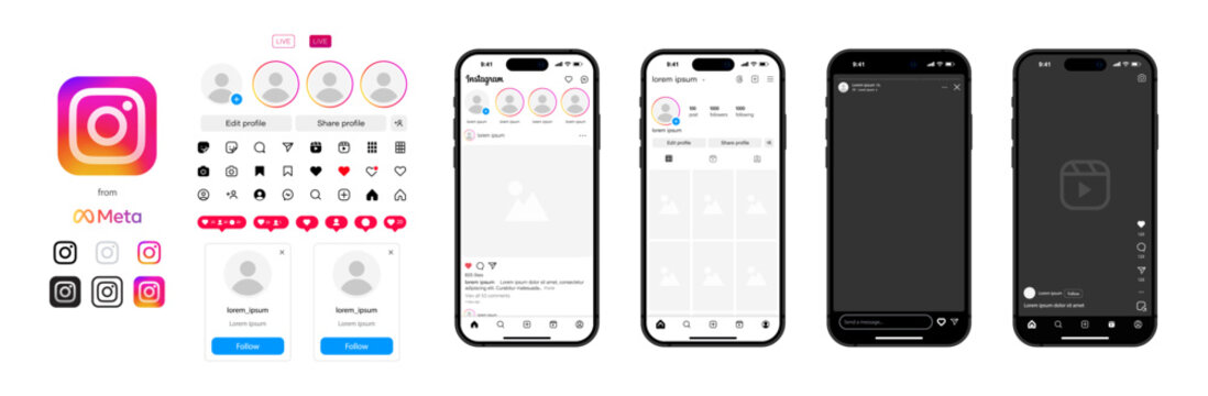 Instagram template app screens on Apple Iphone mockup set. Realistic Instagram interface on smartphone: profile, post, message, shop, icons set. Editable text and blank frames. Editorial Vector.