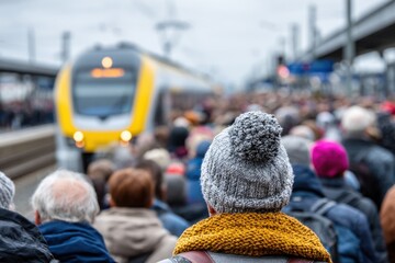 Busy train platform filled with commuters waiting for the next train on a cloudy day