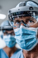 Healthcare professionals in safety gear working together in a modern medical setting during a surgical procedure