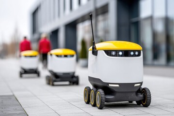 Delivery robots navigate city sidewalks while people pass by on a bright day
