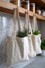 Hanging cloth bags filled with fresh herbs in a modern kitchen setting