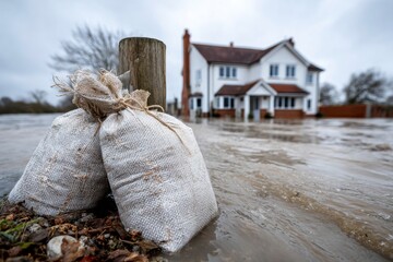 Flood protection measures taken outside a house on a rainy day in a rural area by using sandbags to prevent water damage
